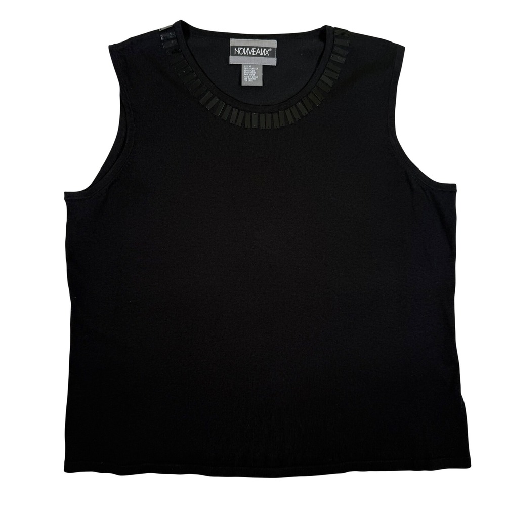 Nouveaux Womens XL Black Silk Blend Sleeveless Sequin Neckline Knit Top Shell